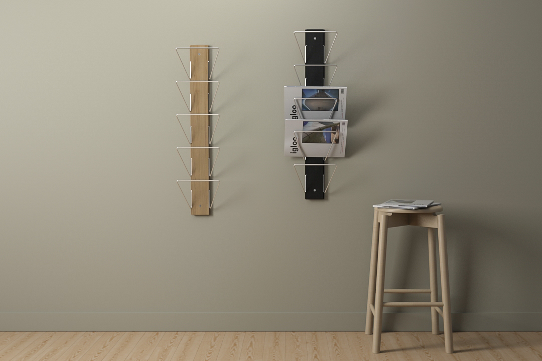 News tidningsställ i björk eller ek och barpall Palladium i massiv björk